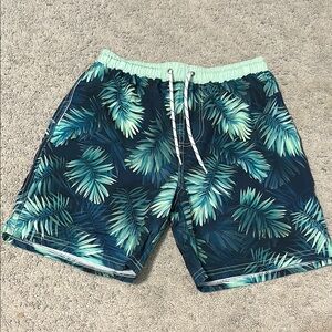 Green and Blue Tropical Swim Trunks with Quick-Dry Fabric